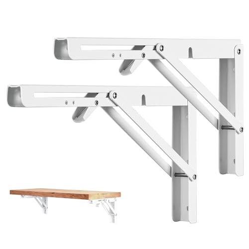 2 Pcs Folding Shelf Brackets,Heavy Duty Metal Collapsible Shelf Bracket for Benchfor WorkbenchShelf Hinge Wall Mounted Space Saving DIY Bracket,with Screws. (White, 8 Inch) - color: White, size: 8 Inch