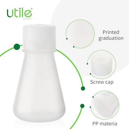 Utile Plastic Erlenmeyer Flask Set with Screw Caps,12pcs of Vol.50ml Scientific Conical Flask Laboratory Flask,with Molded Graduations, 4023.0650.12 - size: 12 pcs of 50ml