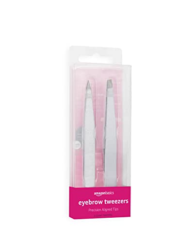 Amazon Basics Precision Eyebrow Tweezers for Fine Hair Removal, Stainless Steel, 2 Pack
