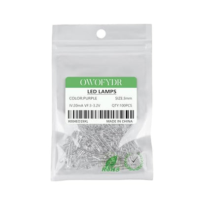 100PCS 3mm Purple LED Diodes, Clear Lens, Through-Hole - color: (Transparent) PURPLE, size: 3MM