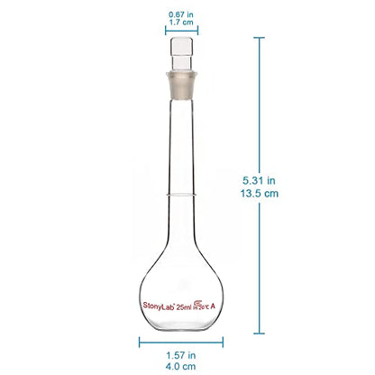 stonylab Glass Volumetric Flask Class A with Glass Stopper, Borosilicate Glass Heavy Wall Volumetric Flask Tolerance ±0.03 ml, 25 ml - size: 25 ml