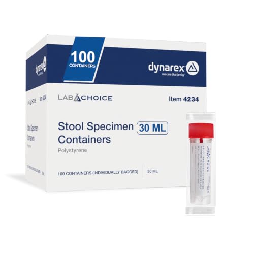 Dynarex Stool Specimen Containers, Sterile, Individually Wrapped, Specimen Cups with Spoon Cap Lids, Clear with Red Lid, 1 Box of 100