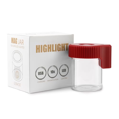 Magnifying Viewing Jar with LED Light, Airtight Transparent Glass Storage Jars, Rechargeable LED Lit Lid Container (Red) - color: Red