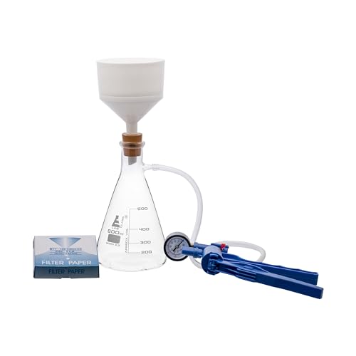 EISCO Complete Vacuum Filtration Kit - Includes 500mL Filtering Flask, Hand Vacuum Pump, Buchner Funnel, Filter Papers, Rubber Tubing & Stopper