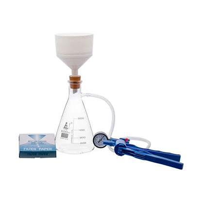 EISCO Complete Vacuum Filtration Kit - Includes 500mL Filtering Flask, Hand Vacuum Pump, Buchner Funnel, Filter Papers, Rubber Tubing & Stopper