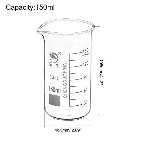 PATIKIL 150ml Tall Form Glass Beaker, 3.3 Borosilicate Glass Graduated Printed Scale Measuring Cups with Spout for Kitchen Lab Liquids Transit Boiling - size: 150ml