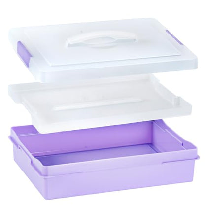 1/2 Pack Craft Organizers and Storage Box with Removable Tray, Portable Project Case with Handle and Lid, 2-Tier Art Supply Organizer, File Box for A4 Paper, Scrapbook, 5-Quart (2)