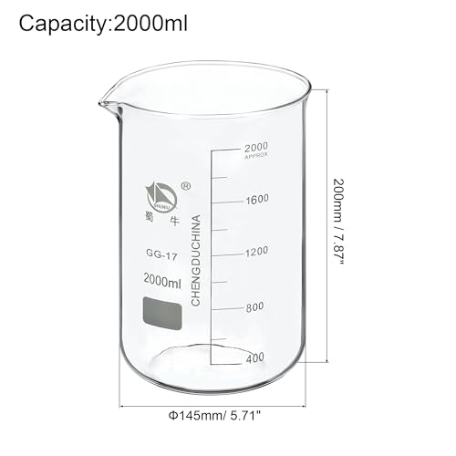 PATIKIL 2000ml Low Form Glass Beaker, 3.3 Borosilicate Glass Graduated Printed Scale Measuring Cups with Spout for Kitchen Lab Liquids Transit Boiling - size: 2000ml
