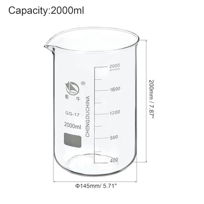 PATIKIL 2000ml Low Form Glass Beaker, 3.3 Borosilicate Glass Graduated Printed Scale Measuring Cups with Spout for Kitchen Lab Liquids Transit Boiling - size: 2000ml