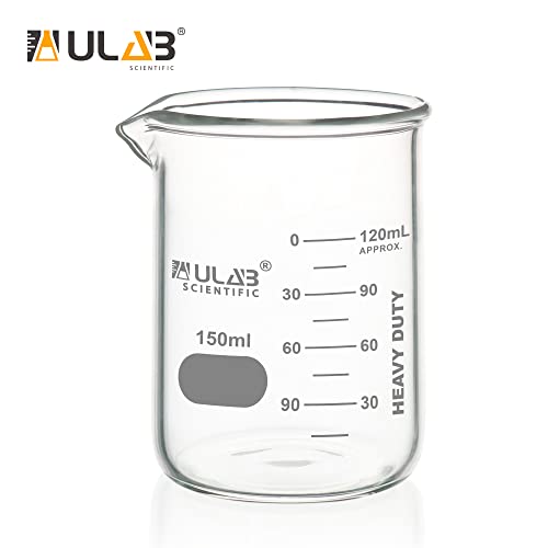ULAB Heavy Duty Glass Beakers, 6pcs of Vol.150ml(5.07oz), Borosilicate 3.3 Glass, Thick Wall Beakers, with Double Scale, Superior Durability & Chemical Resistance, UBG1052 - style: 6pcs of Vol.150ml
