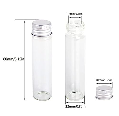 MaxMau Pack of 100, 20ml Small Glass Bottles with Metal Cap Screw Top Lids Tiny Vials Mini Jars Glass Tube for Beads Glitter Seed Samplers Storage