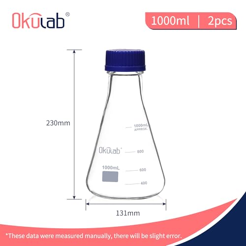 2pcs Erlenmeyer Flask Set with Blue Cap, 1000ml Lab Erlenmeyer Flasks Glass Erlenmeyer Flasks, Borosilicate 3.3 Glass Material with Printed Graduation, EFG45G1000A2 - style: 2 Pcs of 1000ml