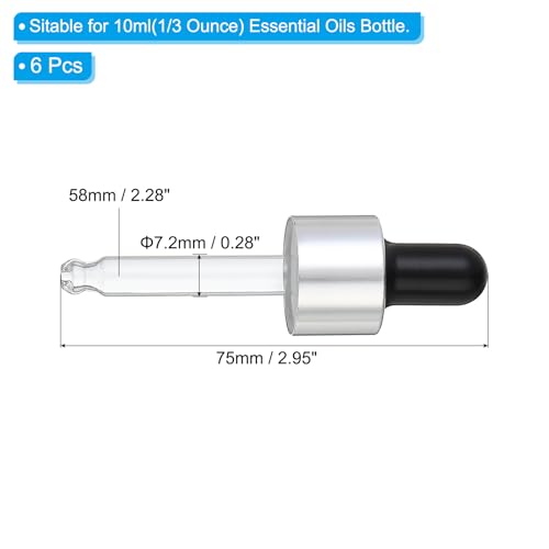 PATIKIL Glass Eye Dropper Caps, 6 Pcs Anodized Aluminum Glass Dropper Closure Top for 10ml(1/3oz) Essential Oils Bottle, Perfume, Lab Experiments, Silver Tone - color: Silver Tone, size: 10ml