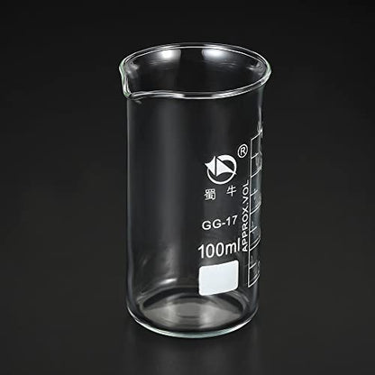 PATIKIL 100ml Tall Form Glass Beaker, 3.3 Borosilicate Glass Graduated Printed Scale Measuring Cups with Spout for Kitchen Lab Liquids Transit Boiling - size: 100ml