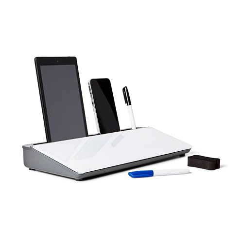 GAROOD Desktop Dry Erase Board with Storage (Grey Base) Desk Desk Board Glass Desktop White Board with Stand Home Office Organizer Phone Holder 15.8X7X2 inches - color: Grey Base + Whiteboard
