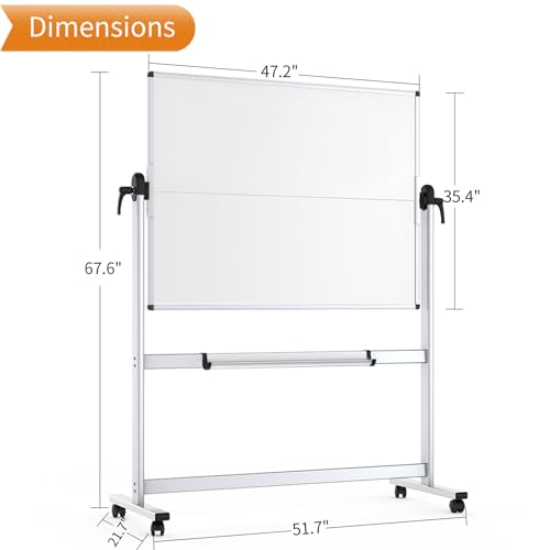 VIZ-PRO Rolling Whiteboard, 48" x 36" Mobile White Board with Stand - size: 48"W x 36"H
