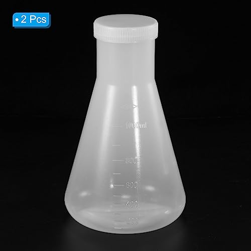 PATIKIL 1000ml Plastic Erlenmeyer Flask with Screw Caps, 2 Pack Narrow Mouth Conical Flask for Laboratory, Clear - size: 1000ml