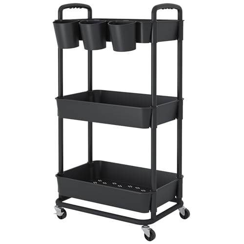 JIUYOTREE 3-Tier Plastic Rolling Storage Cart Utility Cart Black - color: Black, size: 3-Tier