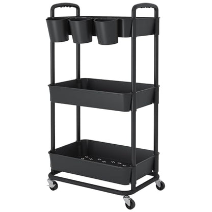 JIUYOTREE 3-Tier Plastic Rolling Storage Cart Utility Cart Black - color: Black, size: 3-Tier