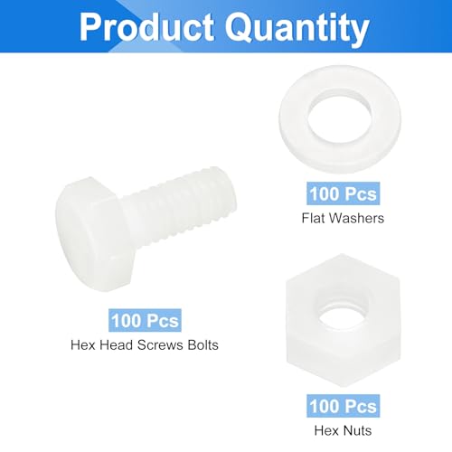 uxcell 300 Pcs/100 Sets Nylon Hex Bolts, M4 x 10mm Plastic Full Threaded Hex Head Screws Bolts and Nuts with Flat Washers for Machinery Electronics Industrial Accessories, White - size: M4 x 10mm