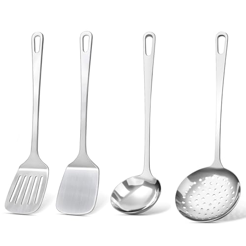 4 Pcs Cooking Utensils Set, Stainless Steel Kitchen Utensils, Heat Resistant Metal Kitchen Tools Include Solid & Slotted Turner Wok Spatula, Serving Spoon, Ergonomic Handle, Easy to Clean, Silver - color: B. 4 Pieces