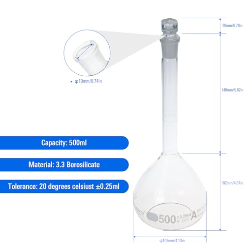 2PCS 500ML Volumetric Flask, Class A, Glass Stopper for Laboratory - color: Clear Glass, size: 500ML