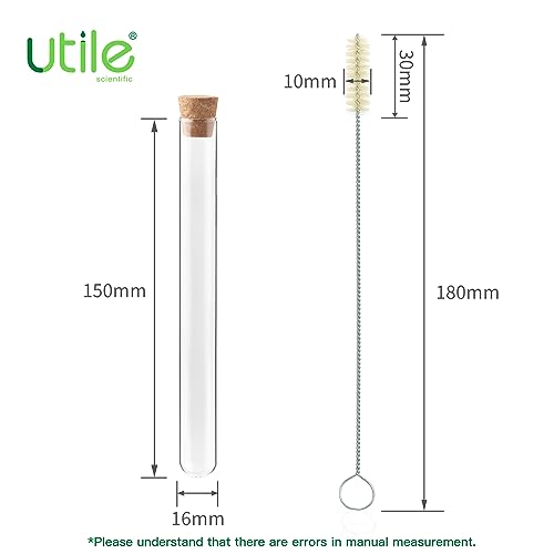 Utile 50pcs Glass Test Tubes, 3.3 Borosilicate Glass Material, 20ml Test Tubes, with Cork Stoppers and Brush, 4004.9012.50 - style: 50pcs of 16x150mm