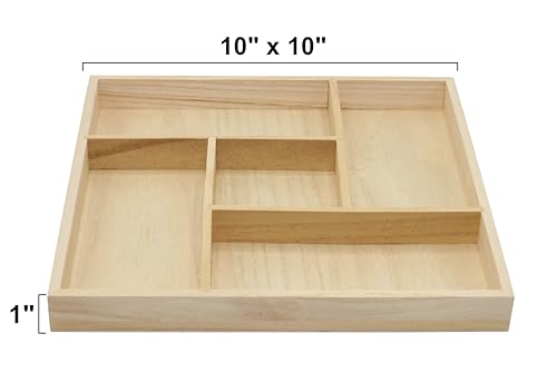 5 Section Wooden Trays – 10" × 10" Square Organizers with Compartments for Crafts, Drawer Tidying, Snacks, and Display | 2 Pack - size: 5 Section