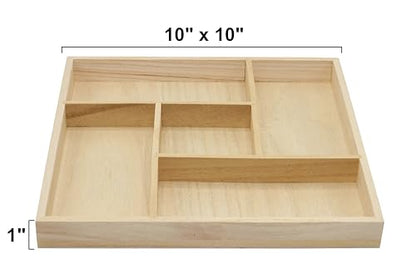 5 Section Wooden Trays – 10" × 10" Square Organizers with Compartments for Crafts, Drawer Tidying, Snacks, and Display | 2 Pack - size: 5 Section