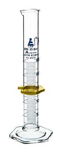 Graduated Cylinder, 25mL - ASTM, Class A Tolerance ±0.17mL - Protective Collar, Hexagonal Base - Blue Graduations - Borosilicate 3.3 Glass - Eisco Labs - size: 25mL