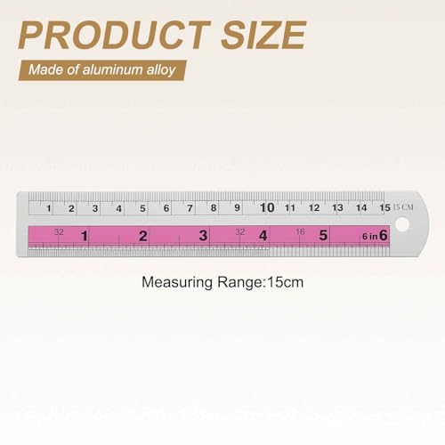 HARFINGTON 4pcs Metal Straight Ruler 15cm Metric SAE Aluminum Alloy Measuring Rulers Scale Tools with Hole for Measure Study Reading Classroom Office, Pink - color: Pink, size: 15cm