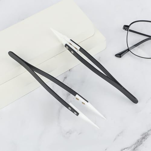 4pcs Ceramic Tweezers Stainless Steel Ceramic Precision Tweezers for Electronics, Non-Conductive Anti Static High Temperature Resistant Fine Point Tweezer for Precision Electrical Operation, Black