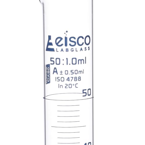 Graduated Cylinder, 50ml - Class A Tolerance ±0.50ml - Round Base - Blue Graduations - Borosilicate 3.3 Glass - Eisco Labs - size: 50mL