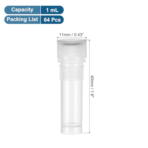 PATIKIL 1.0mL Plastic Cryogenic Vial, 64Pcs Cryogenic Storage Tube Lab Frozen Test Tube Container Storage Screw Cap for Lab Laboratory Science, White Clear - color: White, size: 1.0ml