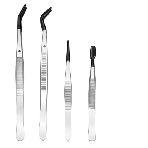 4PCS Tweezers with Rubber Tips, Black Stainless Steel Tweezers for Crafts
