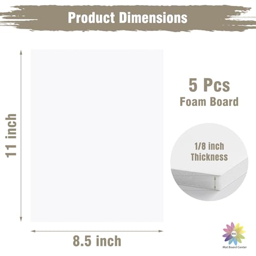 Mat Board Center 8.5x11 White Foam Boards Pack of 5, 1/8" Thick - color: White, size: 8.5x11