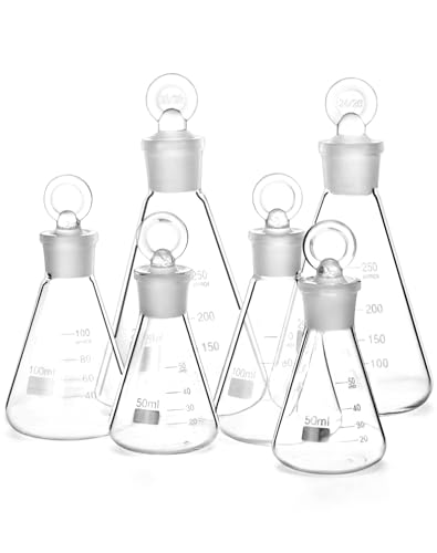 QWORK Glass Erlenmeyer Flask Set (50, 100 and 250ml), 6 Pack Graduated Borosilicate Glass Erlenmeyer Conical Flask with Glass Stopper for Lab, Experiment, Chemistry - color: 2 Sets