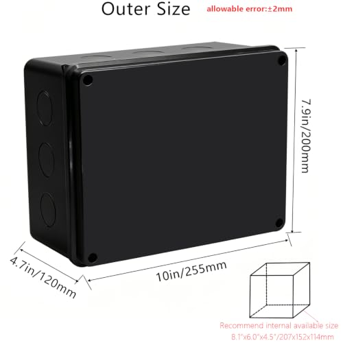 Outdoor Waterproof Box,Junction Box Reserved Holes IP65 ABS Plastic Electrical Boxes Power Cord Enclosure Project Box Black 10 x 7.9 x 4.7 inch(255x200x120mm) - size: 10" x 7.9" x 4.7"