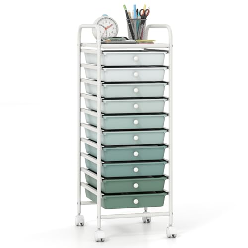 Giantex 10-Drawer Rolling Storage Cart w/Wheels, Handle, Removable Drawers, Mobile Organizer Storage Unit, Trolley Utility Cart for Home Kitchen Living Room Office Play Room, Green Gradient - color: Green Gradient, size: 10 Drawers Small