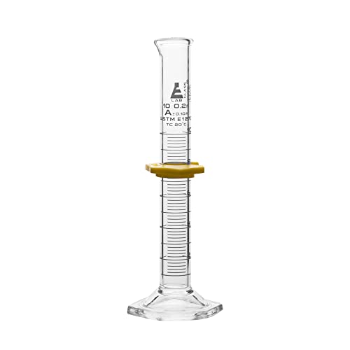 Measuring Cylinder, 10ml - ASTM, Class A Tolerance ±0.10ml - Protective Collar, Hexagonal Base - White Graduations - Borosilicate 3.3 Glass - Eisco Labs - size: 10mL