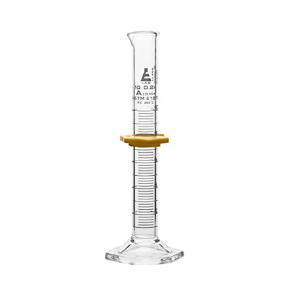 Measuring Cylinder, 10ml - ASTM, Class A Tolerance ±0.10ml - Protective Collar, Hexagonal Base - White Graduations - Borosilicate 3.3 Glass - Eisco Labs - size: 10mL