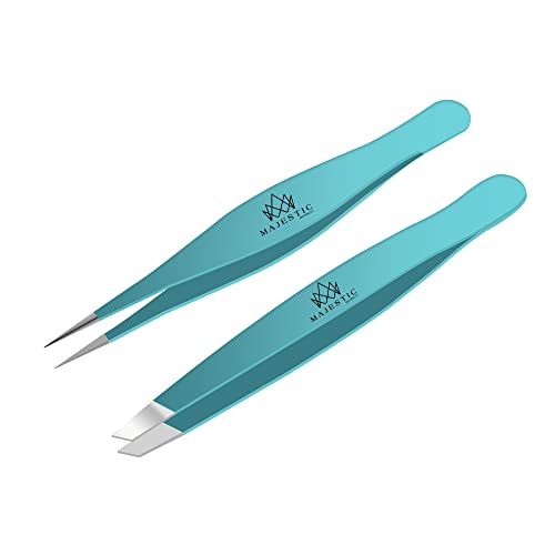 Majestic Bombay Precision Tweezers Set, Fine Point, Slant, Women and Men - color: Teel Blue