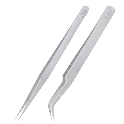 HADIZ Precision Tweezers Stainless Steel Extra Fine Pointed & Curved Tweezer for Craft Hobby Electronics Soldering Experimental Work Jewelry-Making Industrial Tweezer(2 pcs)