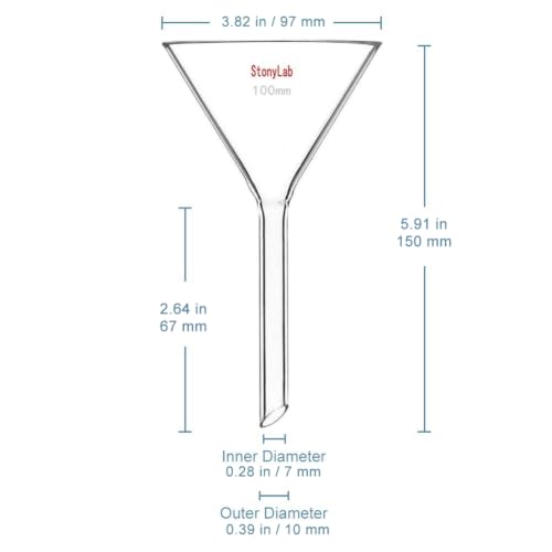 StonyLab 2-Pack Glass Heavy Wall Funnel Borosilicate Glass Funnel, Short Stem 100mm Diameter, 100mm Stem Length - size: D100-L100 mm