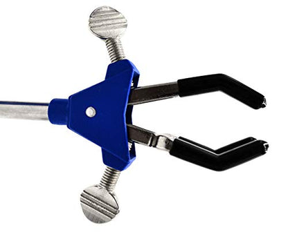 EISCO 3 Finger, Vinyl Coated Dual Adjustable Extension Clamp on Stainless Steel Rod - 2.3" Max Clamp Opening, 5" Rod - Powder Coated Zinc Alloy - Research, Industrial Laboratory Grade