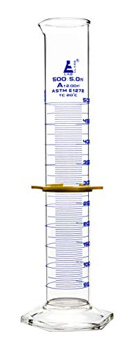 Graduated Cylinder, 500mL - ASTM, Class A Tolerance ±2.00mL - Protective Collar, Hexagonal Base - Blue Graduations - Borosilicate 3.3 Glass - Eisco Labs - size: 500mL