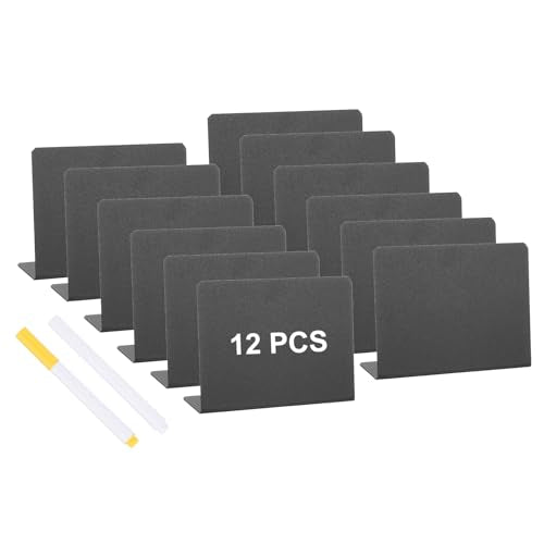 PATIKIL 4" x 3" Tabletop Chalkboard Signs, 12 Pcs Small Chalkboard Signs L Shape Table Food Labels with 1 White Pen and 1 Yellow Pen for Parties Weddings Buffet Birthday Bakery, Black