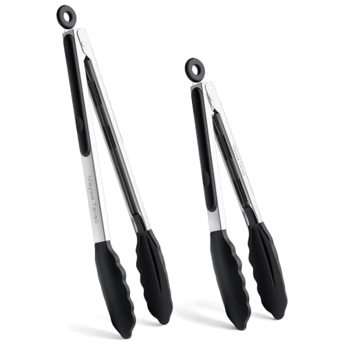 12 & 9 Inch Kitchen Tongs for Cooking with Silicone Tip,Black - color: 9" +12"-Black