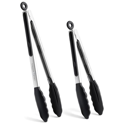 12 & 9 Inch Kitchen Tongs for Cooking with Silicone Tip,Black - color: 9" +12"-Black