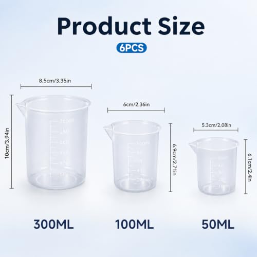 6 Pcs Plastic Beaker Set, 3 Sizes Low Form Measuring Graduated Polypropylene Beakers - 50ml, 100ml, 250ml for Science Lab Classrooms Home with 6 Plastic Droppers in 3 ml